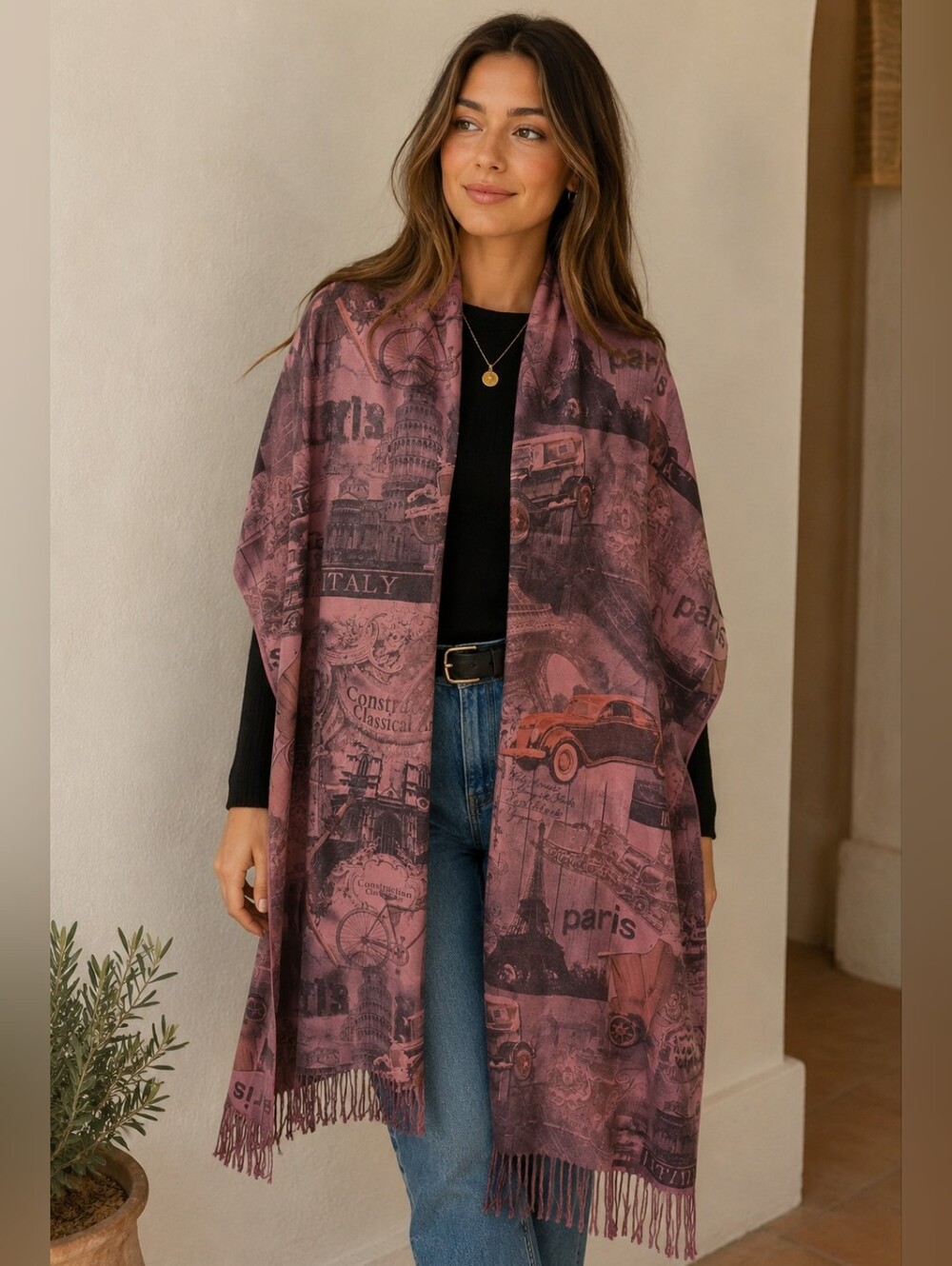 Laura Vintage Paris Print Scarve With Tassels